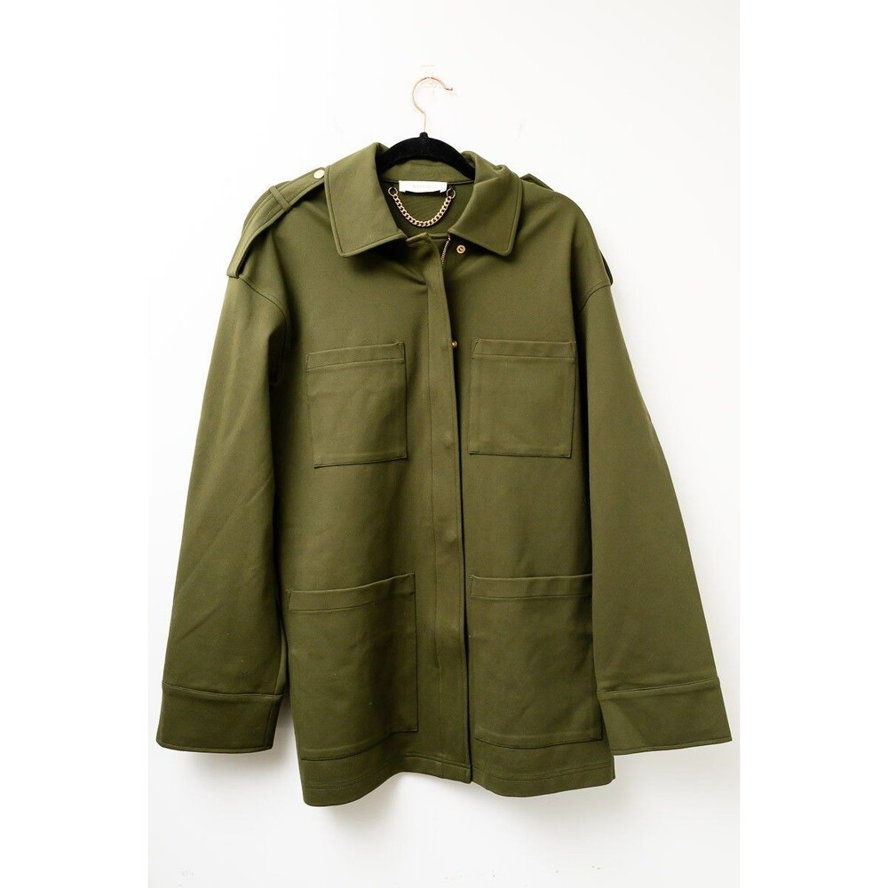 Brit.NY Green Jacket gold tone accents long coat pockets